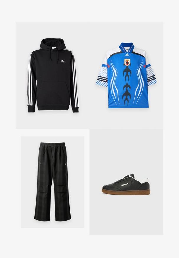 Sort Adidas-hoodie med hvide tre striber på ærmerne, lomme foran, hætte med snore og lille hvid trefoil-logo på brystet.; Blå Adidas sportstrøje med hvide og sorte abstrakte flammedesigns, hvide ærmer med blå striber og et skjoldemblem centreret under kraven.; Sorte ternede bukser med elastisk talje, to forlommer og en løs pasform med lige ben. Fremstillet af letvægtsmateriale.; Sort lædersneakers med hvid hælkappe, gummisål, sorte snørebånd og sølvfarvet Diadora-logo på siden og sålen.