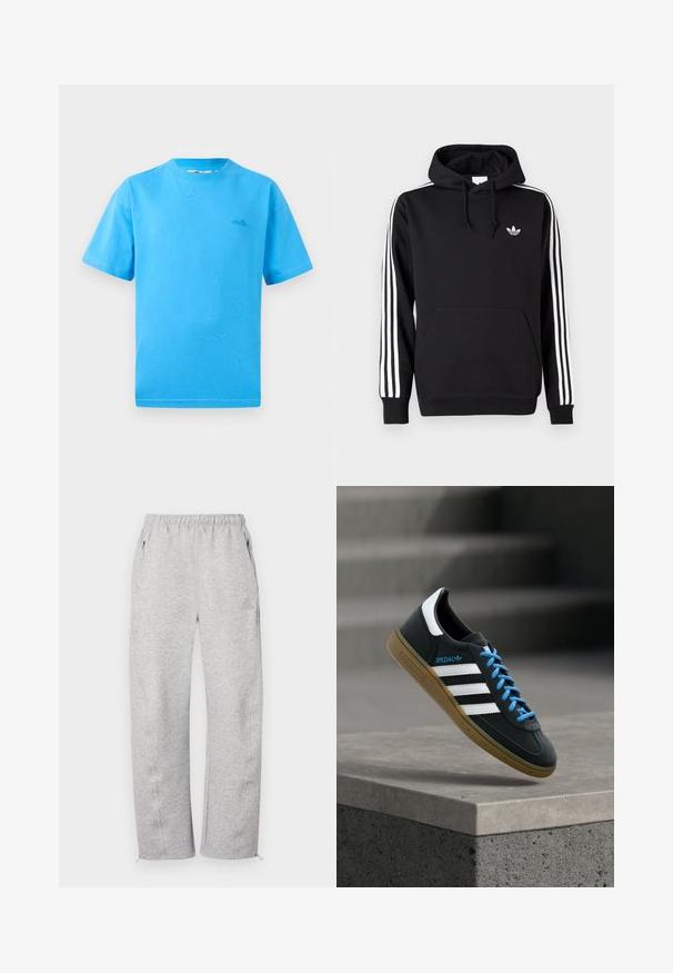Čierna mikina Adidas s kapucňou, bielymi troma pruhmi na rukávoch, predným vreckom, kapucňou so sťahovacími šnúrkami a malým bielym logom trefoil na hrudi.; Svetlomodré bavlnené tričko s krátkymi rukávmi, okrúhlym výstrihom a malým logom na ľavej hrudi. Hladká textúra a klasický strih.; Sivé tepláky s elastickým pásom, bočnými vreckami a zipsovými lemami, vyrobené z mäkkého textilu s hladkou textúrou. Jemný detail s logom.; Čierna teniska Adidas s bielymi pruhmi, modrými šnúrkami a gumovou podrážkou, ktorá sa vznáša nad sivým betónovým schodom v mäkkom svetle.