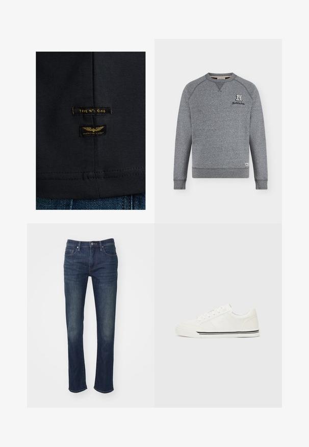 Grauer Sweatshirt mit langen Ärmeln und Rundhalsausschnitt, mit kleinem gesticktem Logo und Text auf der oberen linken Brustseite und einem Stoffetikett nahe dem unteren Saum.; Schwarzes Baumwoll-T-Shirt mit glatter Textur. Verfügt über zwei Etiketten: "TYPE NO: C-46" und "AMERICAN CLASSIC" in Gelb auf dunklem Stoff.; GAP SLIM SOFT SOLANO - Jeans Slim Fit - dark wash; Weiße Sneaker aus Mesh und Leder, mit abgerundeter Zehenpartie, flacher Sohle und schwarzem Akzentstreifen entlang der Sohle. Verfügt über ein klassisches Schnürdesign.