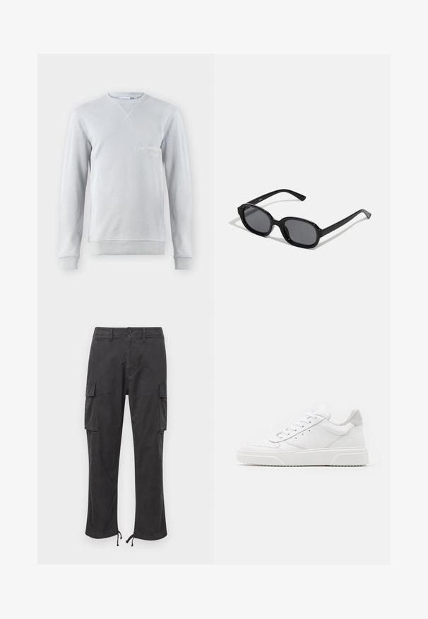 Hellgrauer Sweatshirt, Baumwollmischung, Rundhalsausschnitt, gerippte Details an Kragen und Bündchen, mit gesticktem Text "SAN BERNARD CALIF." auf der Vorderseite.; Schwarze Cargo-Hosen mit zwei Seitentaschen, verstellbaren Kordelzugbündchen, einem Knopfverschluss und einer glatten, strapazierfähigen Stoffoberfläche.; Weiße Leder-Sneaker mit glatter Oberfläche, rundem Zehenbereich, flachen Schnürsenkeln und strukturiertem Schuhsohlen. Graues Wildleder-Detail an der Ferse.; Zign by Zalando Sonnenbrille - black