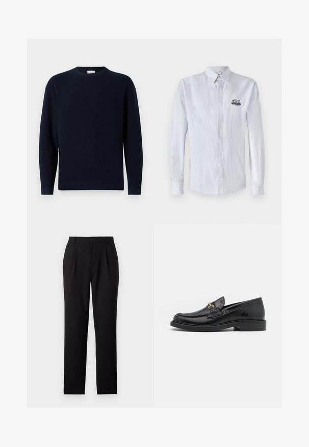 Mørkeblå ribstrikket sweater med rund hals, lange ærmer og en afslappet pasform. Blød tekstur, minimalistisk design og ingen synlige mønstre.; Iceberg CAMICIA - Skjorter - bianco/blu/azzurro; Sorte buksener med straight-leg design, lavet af glat stof. Har frontfolder og en knaplukning i taljen.; Sorte læder loafers med en rund tå, der har guld hardware accent og syningsdetaljer, placeret på en lav, tekstureret gummisål.