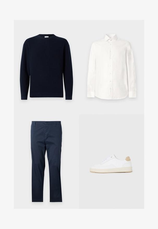 Suéter de punto acanalado en azul marino con un cuello redondo, mangas largas y un corte relajado. Textura suave, diseño minimalista y sin patrones visibles.; Camisa blanca de manga larga hecha de tela suave. Cuenta con un collar de punta, cierre frontal con botones y un dobladillo redondeado. Sin patrones visibles.; Pantalones de algodón azul marino con corte recto, que cuentan con presillas para cinturón y cremallera, textura suave y terminaciones limpias en los dobladillos.; Zapatillas bajas blancas con parte superior de cuero texturizado, suela de crema estriada y acento de talón en color tostado. Presentan cordones blancos y detalle del logotipo en el talón.