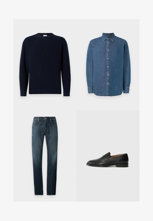 Mørkeblå ribstrikket sweater med rund hals, lange ærmer og en afslappet pasform. Blød tekstur, minimalistisk design og ingen synlige mønstre.; Denimskjorte, mørkeblå, lange ærmer, klassisk krave, knapper foran og lige kant. Stofteksturen ser glat ud med en let glans.; Mørke denimjeans med lige pasform, klassisk fem-lomme-design, kontrasterende syninger og en subtil slidt effekt på lårene.; Sort læder loafer med rund tå, diskret syning, og lav hæl, der har en glat tekstur og minimalistisk design.