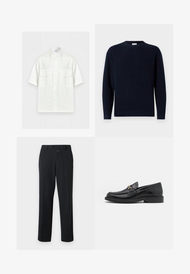 Pull en tricot côtelé bleu marine avec un col rond, des manches longues et une coupe décontractée. Texture douce, design minimaliste et sans motifs visibles.; Chemise blanche à manches courtes avec col et deux poches à rabat sur le devant, présentée sur un fond clair uni.; Pantalon noir à coupe droite, en tissu lisse. Il présente une fermeture à bouton à l'avant et des détails de couture subtils. Conception simple sans motifs.; Mocassins en cuir noir avec un embout rond, présentant des accents en métal doré et des détails de couture, montés sur une semelle en caoutchouc texturé et basse.