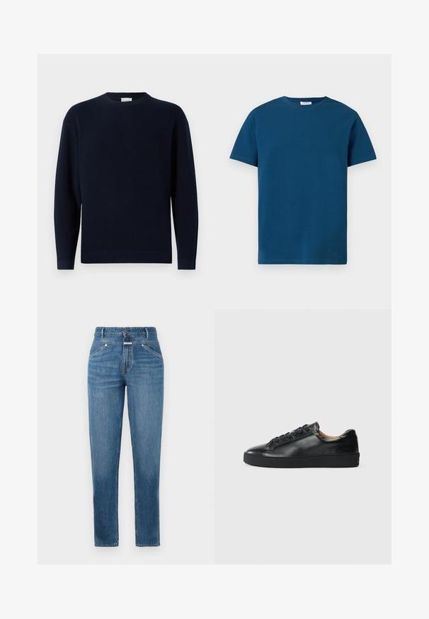 Mørkeblå ribstrikket sweater med rund hals, lange ærmer og en afslappet pasform. Blød tekstur, minimalistisk design og ingen synlige mønstre.; Mørkeblå t-shirt med rund hals i blød bomuld, med korte ærmer og en enkel, glat tekstur samt en lige pasform.; Blå, højtaljede straight-leg jeans med frontlommer, bæltestropper, knaplukning og subtile falmningdetaljer.; Sorte lædersneakers med en glat overflade, rund tå og snørebåndslukning. Har en tyk gummisål og minimal branddetalje.