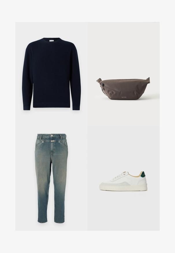 Mørkeblå ribstrikket sweater med rund hals, lange ærmer og en afslappet pasform. Blød tekstur, minimalistisk design og ingen synlige mønstre.; Denim jeans i falmet blå, lige fit med høj talje. Har bæltestropper, fem lommer og metalknaplukning. Let slidte detaljer.; Hvide sneakers med ruskindsdetaljer, rund tå, flade snørebånd og en cremet gummisål. Har grøn branding på hælen.; Mørkebrun stof talje taske med diagonalt lynlåslomme og lille hvidt logo på fronten, sat mod en ensfarvet lys baggrund.