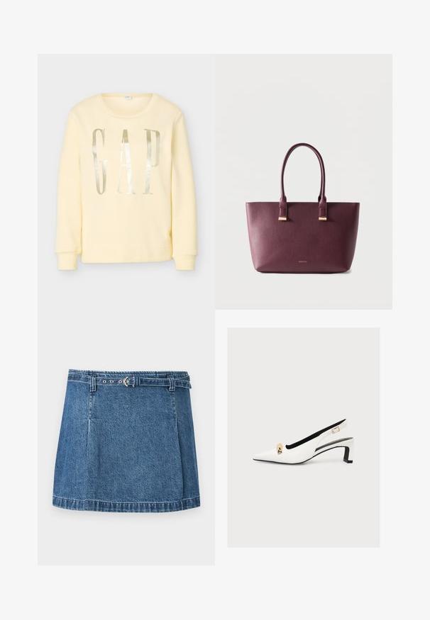 Sweat-shirt jaune pâle à manches longues avec un col rond et de grandes lettres argentées réfléchissantes formant le mot « GAP » sur le devant.; Mini-jupe en denim bleu avec ourlet cousu et fine ceinture assortie avec boucle argentée, posée à plat sur un fond clair.; Escarpin slingback blanc à bout pointu, talon bloc bas, détail boucle dorée à l’avant et bride latérale avec petite boucle dorée.; Sac fourre-tout en cuir violet foncé avec deux poignées et petit logo de marque doré sur le devant, posé sur un fond clair uni.