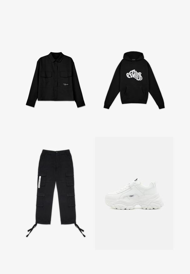 Pegador PALUMA OVERSIZED HOODIE - Sudadera - black; Camisa negra corta con cuello puntiagudo, doble bolsillo en el pecho, botones al frente y logo bordado en el lado izquierdo. Textura de tela suave.; Pegador TANAMI WIDE PANTS - Pantalones cargo - black; Zapatillas blancas voluminosas con parte superior de piel lisa, punta redonda y suela gruesa texturizada con un logo de la marca visible en el lateral.