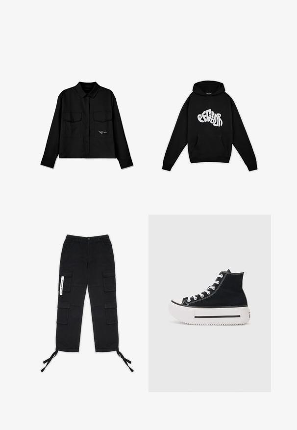 Pegador PALUMA OVERSIZED HOODIE - Pusa - black; Musthave musta lühike särk teravate kraedega, kahe rinnataskuga, nööpidega esiosal ja vasakul küljel tikandiga logo. Silmapaistev kanga tekstuur.; Pegador TANAMI WIDE PANTS - Kargopüksid - black; Mustad musta neljanda osa tossud, mis on valmistatud kanvasest, valge õmblusega, kummist varvastykkega, paksu valge platvormi tallaga ja musta ribaga.
