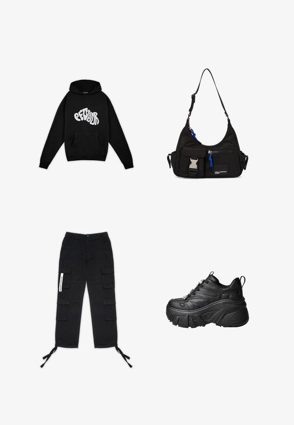 Pegador PALUMA OVERSIZED HOODIE - Sweater - black; Pegador TANAMI WIDE PANTS - Cargobroek - black; Zwarte platform sneakers met een gebogen vorm, gestructureerd leer, dikke rubberen zool en decoratieve hardware op de veters.; Zwarte nylon schoudertas met een gebogen vorm, verstelbare schouderriem, voorvak met sluiting, blauwe accenten en logo-detail.