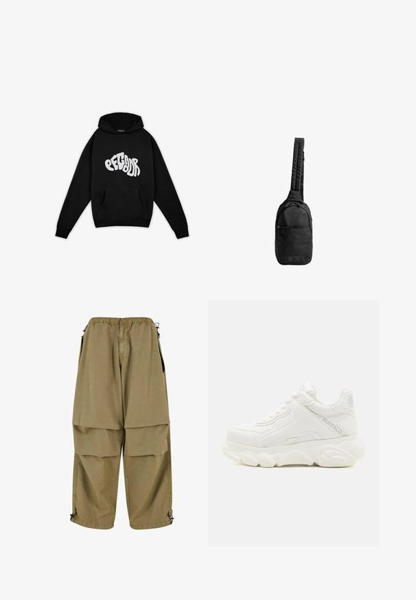 Pegador PALUMA OVERSIZED HOODIE - Sweatshirt - black; Beige cargo bukser med elastisk talje, store forlommer og justerbare manchetter. Lavet af letvægtsmateriale med en glat tekstur.; Hvid chunky sneaker med tyk sål, snørelukning og "Buffalo" branding på siden og hælen.; Sort sling-ting med tekstureret stof, med en enkelt polstret rem, frontlomme med lynlås og logo-patch på bunden.