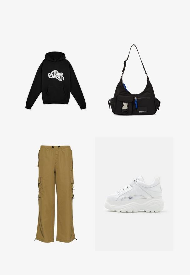 Pegador PALUMA OVERSIZED HOODIE - Sweatshirt - black; Khakifarbene Cargo-Hosen mit elastischem Bund, mehreren Seitentaschen und verstellbaren Bündchen. Hergestellt aus einem strapazierfähigen Stoff mit glatter Textur.; Weiße Plattform-Sneaker aus glänzendem synthetischen Material mit Schnürdesign, gepolstertem Kragen und markiertem Akzent an der Seite.; Schwarze Nylon-Schultertasche mit geschwungener Form, verstellbarem Riemen, Fronttasche mit Verschluss, blauen Akzenten und Logodetail.
