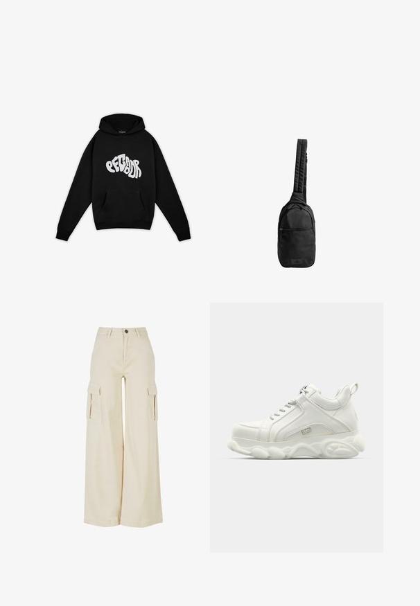 Pegador PALUMA OVERSIZED HOODIE - Sweatshirt - black; Beige cargo bukser med vidde, lavet af bomuld, med to store sidelommer, lukning med knap foran og en ren kant.; Hvide atletiske sneakers med en glat læderoverdel, rund sål og tekstureret accent. Har snørebånd og en slippe-strop bagpå.; Sort sling-ting med tekstureret stof, med en enkelt polstret rem, frontlomme med lynlås og logo-patch på bunden.