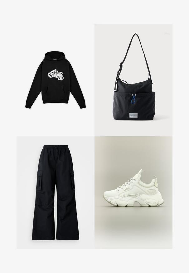 Pegador PALUMA OVERSIZED HOODIE - Mikina - black; Čierne cargo nohavice so širokými nohavicami, elastickým pásom, nastaviteľnou šnúrkou a dvoma bočnými vreckami. Vyrobené z hladkej, ľahkej tkaniny.; Biele robustné tenisky s hrubou textúrovanou podrážkou, sieťovinovým a koženým zvrškom, zapínanie na šnúrky a pútka na jazyku a päte.; Čierna látková taška cez rameno s nastaviteľným popruhom, predný vrecko s modrým sťahovacím šnúrkou a malá obdĺžniková logo nášivka v spodnej časti.