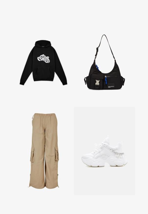 Pegador PALUMA OVERSIZED HOODIE - Sweatshirt - black; Beige cargo bukser med elastisk talje, to sidelommer og mesh-detaljer; fremstillet af letvægts, tekstureret stof.; Hvid chunky sneaker med tyk sål, snørelukning foran og kædedetalje med hængende perler på hælen.; Sort nylon skuldertaske med en buet form, justerbar strop, for- lomme med klap, blå detaljer og logo.