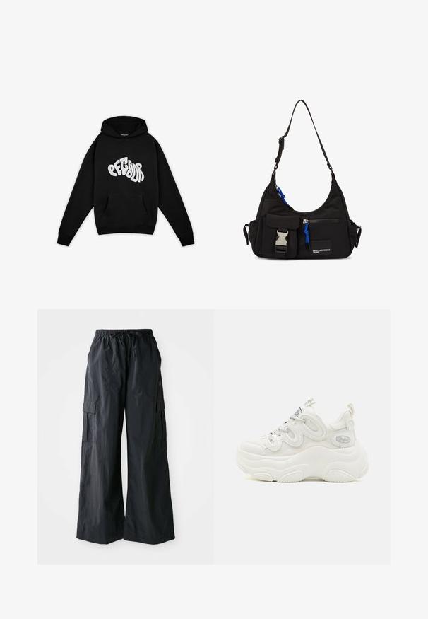 Pegador PALUMA OVERSIZED HOODIE - Sudadera - black; Pantalones cargo negros hechos de una tela ligera, con un diseño de pierna ancha, cinturilla elástica y múltiples bolsillos laterales. Sencillos y funcionales.; Zapatillas deportivas blancas y voluminosas que cuentan con una parte superior de malla y sintética, forma curvada, suela texturizada y un sistema de cordones destacado con detalles del logotipo.; Bolso de hombro negro de nylon con forma curvada, correa ajustable, bolsillo frontal con cierre, acento azul y detalle de logo.