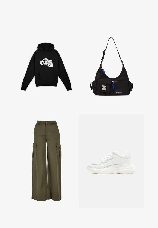 Pegador PALUMA OVERSIZED HOODIE - Sudadera - black; Pantalones cargo anchos en color verde oliva con dos bolsillos laterales, fabricados en un tejido suave y duradero. Presentan costuras detalladas y un cierre de botón.; Zapatilla deportiva blanca y robusta con suela gruesa, cierre de cordones en la parte frontal y parte superior sintética lisa con detalles de costuras sutiles.; Bolso de hombro negro de nylon con forma curvada, correa ajustable, bolsillo frontal con cierre, acento azul y detalle de logo.