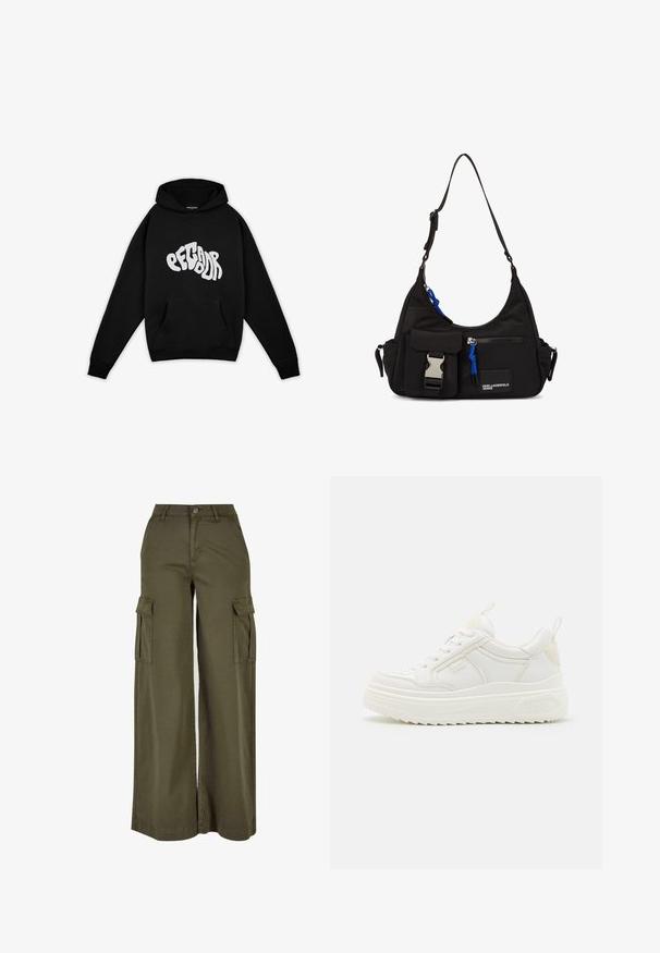 Pegador PALUMA OVERSIZED HOODIE - Sweatshirt - black; Olivgrüne, weite Cargo-Hosen mit zwei Seitentaschen, aus einem weichen, langlebigen Stoff. Mit detaillierter Stickerei und Knopfverschluss.; Weiße Leder-Sneaker mit einer klobigen Sohle, Schnürdesign und dezentem Branding. Sie verfügen über eine glatte Textur und eine abgerundete Zehenpartie.; Schwarze Nylon-Schultertasche mit geschwungener Form, verstellbarem Riemen, Fronttasche mit Verschluss, blauen Akzenten und Logodetail.