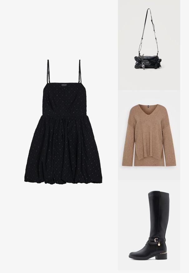 Pull en maille marron, avec un décolleté en V profond, des manches larges et une coupe décontractée. Présente des détails côtelés près de l'encolure et de l'ourlet.; Even&Odd Robe de soirée - black; Botte noire montante en cuir lisse avec un panneau texturé, une sangle de boucle décorative et un talon bloc modeste.; Sac à bandoulière en cuir noir avec sangle réglable et deux grandes fleurs décoratives en cuir noir avec œillets métalliques sur le devant.