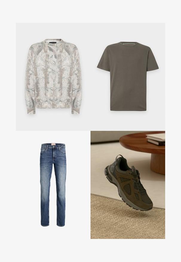 Sweater med rund hals, med en lys grå base og et naturinspireret print af træer og blade i afdæmpede grønne og brune nuancer.; Mørkeolivengrøn T-shirt lavet af bomuld. Den har rund halsudskæring, korte ærmer og et diskret præget logo på brystet.; Straight-leg blå jeans med let falmning på lår og knæ, frontlukning med knap og lynlås samt femlommesdesign.; Mørkegrønne og brune atletiksko med mesh og ruskindspaneler placeret på et beige tekstureret tæppe ved siden af et træbord med stablede bøger.