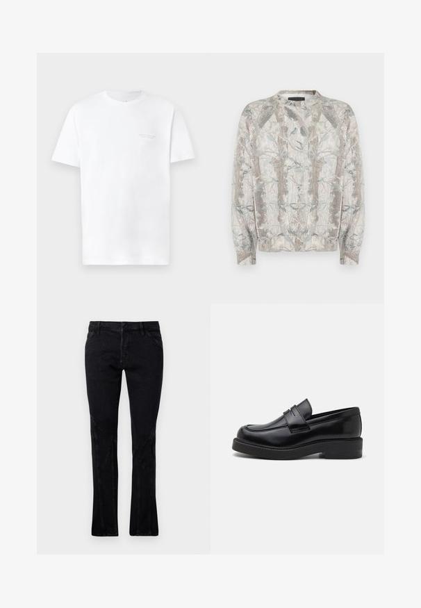 Suéter con cuello redondo, con base gris claro y un estampado inspirado en la naturaleza de árboles y hojas en tonos verdes y marrones suaves.; Camiseta de algodón blanca con mangas cortas, cuello redondo, con un sutil estampado de logo gris en la zona del pecho izquierdo y una textura suave.; Pantalones de mezclilla negra con un corte recto, que cuentan con detalles de costura sutil y cinco bolsillos, textura suave y una cintura de altura media.; Mocasín de cuero negro con punta redondeada, costura decorativa en la parte frontal y suela de goma gruesa. Textura suave con un acabado pulido.