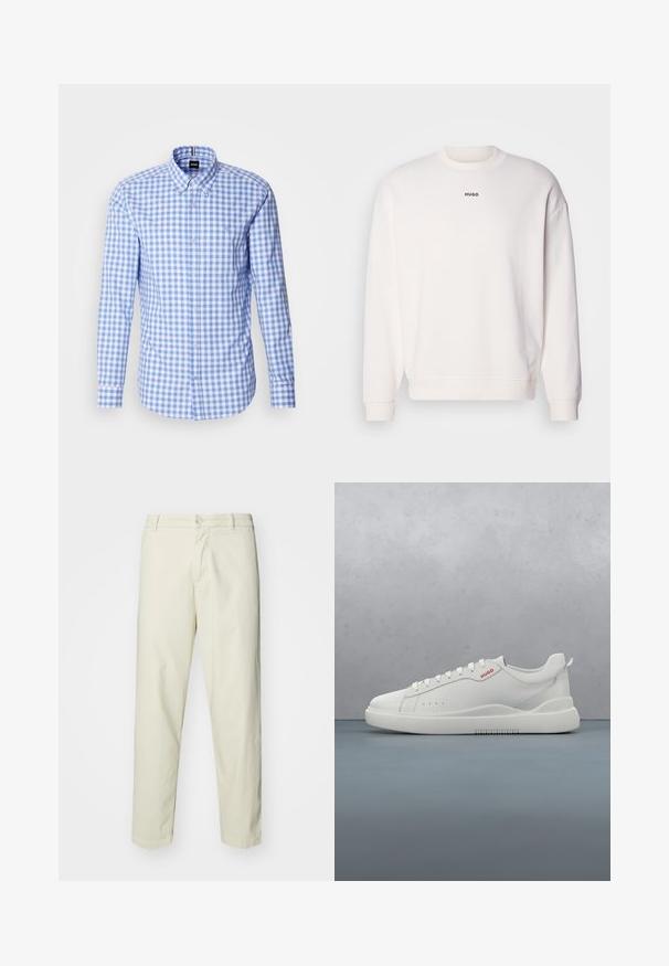 Weißes Rundhals sweatshirt aus einem weichen Baumwollgemisch, mit lockerer Passform, gerippten Bündchen und schwarzem "HUGO"-Logo auf der Brust.; Karobluse in Blau und Weiß mit langen Ärmeln, Button-Down-Kragen und Logo-Stickerei auf der Brust. Aus glattem Baumwollmaterial.; Hellbeige Baumwollhosen mit geradem Bein, ausgestattet mit einem vorderen Knopfverschluss und normalen Taschen, glatter Textur und ohne Muster.; Weiße Sneaker aus glattem Leder, runde Spitze, vier Ösen, dezente Perforationen und ein rotes Logodetail an der Seite.