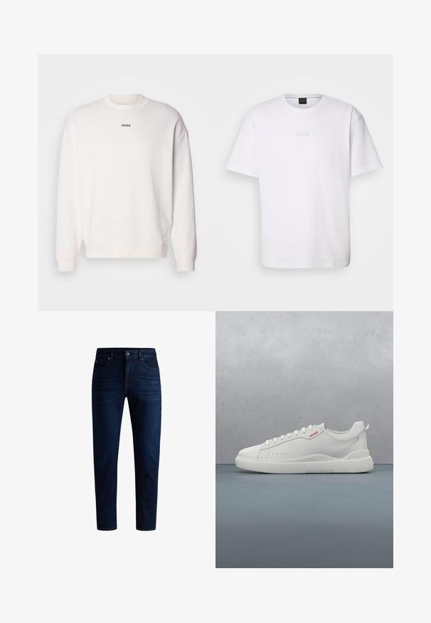 Witte crewneck sweatshirt gemaakt van een zachte katoenmix, met een comfortabele pasvorm, geribde manchetten en het "HUGO" logo in het zwart op de borst.; Witte katoenen T-shirt met korte mouwen, ronde halslijn en reliëf 'BOSS' logo op de borst. Veilig textuur, standaard pasvorm.; Donkerblauwe denim jeans met een recht gesneden ontwerp, vijf zakken en een knoopsluiting. De stof heeft een lichte glans met minimale vervaging.; Witte sneaker met een gladde leren afwerking, ronde neus, vier veterogen, subtiele perforaties en een rood logo detail aan de zijkant.