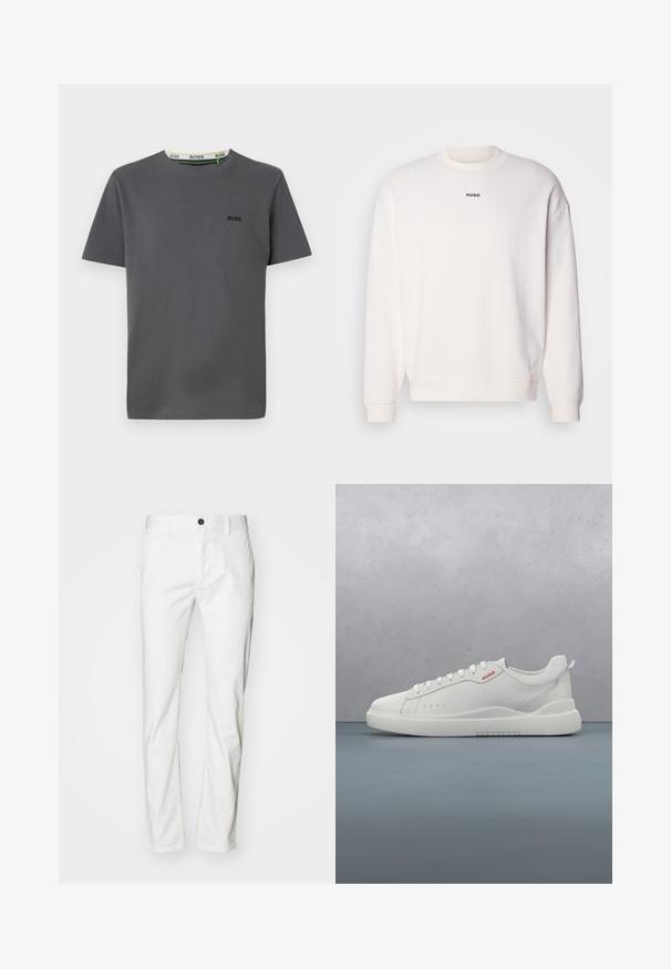 Witte crewneck sweatshirt gemaakt van een zachte katoenmix, met een comfortabele pasvorm, geribde manchetten en het "HUGO" logo in het zwart op de borst.; Grijze korte mouwen t-shirt van katoen, met een ronde hals en een logo-accent op de linkerborst en een contrasterend label aan de binnenkant van de hals.; Witte katoen broek met een rechte snit, voorzien van een knoopsluiting en zakken, zachte textuur en minimalistische stijl.; Witte sneaker met een gladde leren afwerking, ronde neus, vier veterogen, subtiele perforaties en een rood logo detail aan de zijkant.