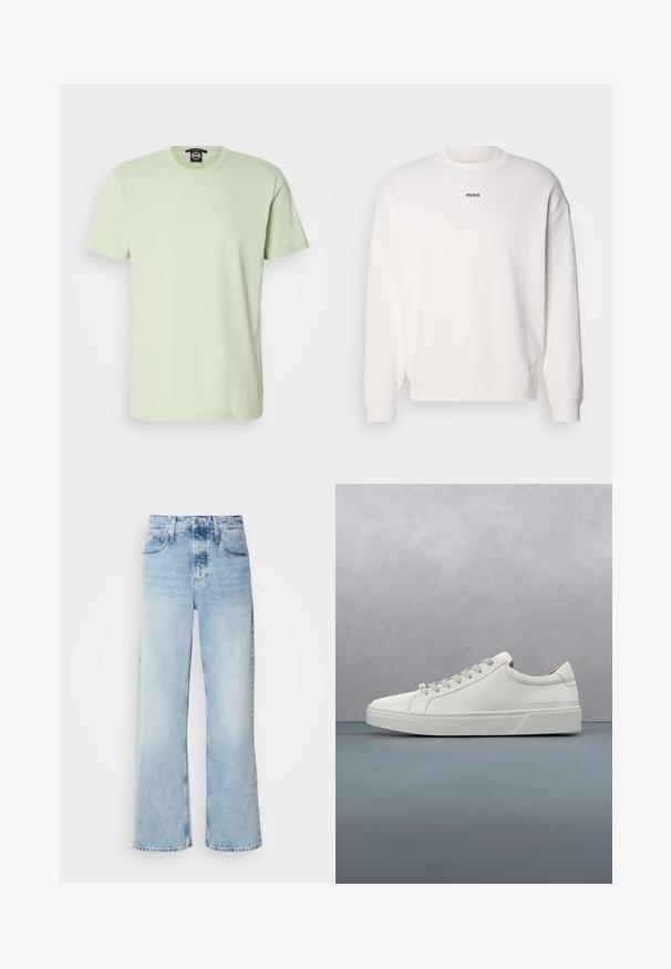 Sudadera blanca de cuello redondo hecha de una suave mezcla de algodón, con un corte relajado, puños de canalé y el logo "HUGO" en negro en el pecho.; Camiseta de algodón de color verde claro con mangas cortas, cuello redondo clásico, textura suave y sin patrones ni acentos visibles.; Vaqueros de pierna ancha en azul claro con una alta cintura, que presentan un acabado desgastado, cinturillas y un clásico diseño de cinco bolsillos. El dobladillo es sin acabar.; Zapatilla blanca de cuero con punta redondeada, diseño minimalista, cordones grises y suela de goma texturizada gris. Detalles de costura sutiles visibles.
