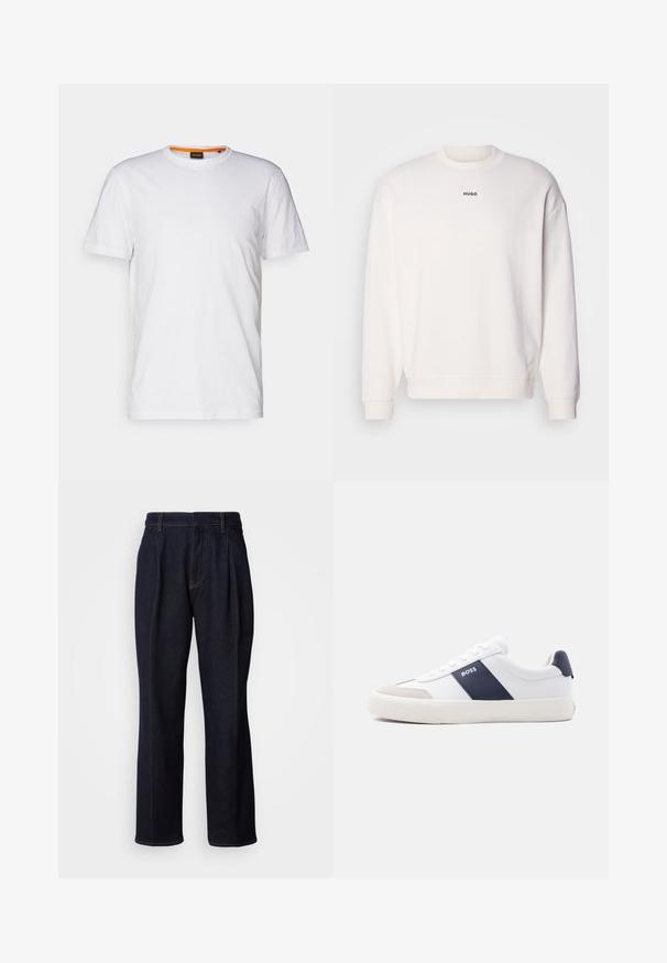 Sudadera blanca de cuello redondo hecha de una suave mezcla de algodón, con un corte relajado, puños de canalé y el logo "HUGO" en negro en el pecho.; Camiseta de algodón blanca con cuello redondo, mangas cortas y un sutil logo en relieve en el pecho. La etiqueta interior tiene un acento naranja.; Jeans de mezclilla de pierna ancha en un tono azul oscuro, con pliegues frontales y costuras naranjas, presentados sobre fondo blanco.; Zapatilla blanca de corte bajo con raya lateral azul marino, logo "BOSS", puntera beige y suela blanca, mostrada de perfil sobre un fondo claro.