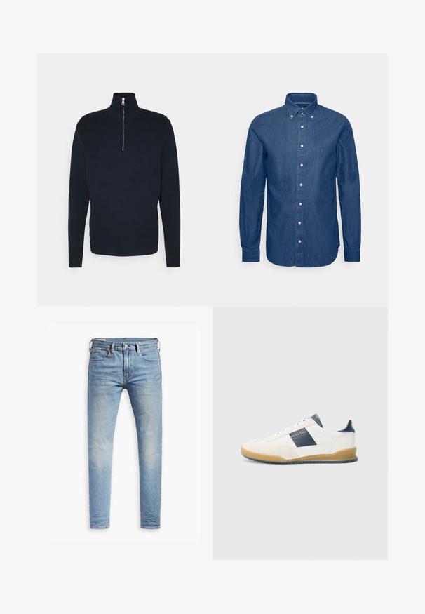 Samsøe Samsøe GUNAN TURTLE NECK ZIP - Svetrík - sky captain; Námořnicky modrá košele na knoflíky vyrobená z džínoviny, s límečkem, dlouhými rukávy a nenápadným logem na hrudi.; Svetlo modré úzke džínsy s miernym prehrdzavením na stehnách, predným gombíkovým zapínaním, pútkami na opasok a štýlom s piatimi vreckami na bielom pozadí.; Biele tenisky s námorníckym akcentom, z semišového a koženého materiálu, s guľatou špičkou a gumovou podrážkou. Obsahujú logo na boku a na zadnej strane.