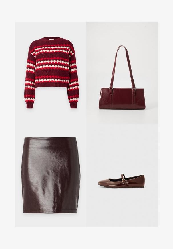 Pull court à motifs rouge et blanc avec un col rond et des poignets côtelés, présentant une texture tricotée et des motifs en forme de cœur.; Mini-jupe en simili cuir bourgogne avec une texture lisse et brillante et une silhouette ajustée. Présente des lignes épurées et un ourlet droit.; Ballerine en cuir verni marron avec un bout carré et une lanière ornée d'une petite boucle dorée. Texture lisse, talon bas et design minimaliste.; Sac à main bordeaux en matériau brillant, de forme rectangulaire, avec deux anses et des accents légèrement courbés à l'avant.