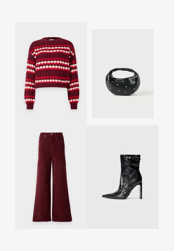 Pull court à motifs rouge et blanc avec un col rond et des poignets côtelés, présentant une texture tricotée et des motifs en forme de cœur.; Pantalons en velours côtelé large de couleur bordeaux, avec une taille haute, des poches avant et une fermeture à bouton. Tissu texturé à côtes sur toute la surface.; Bottines en cuir noir avec un bout pointu, un talon haut et des boucles en argent décoratives sur les côtés pour un détail supplémentaire.; Sac à main en cuir noir de forme arrondie, décoré de clous argentés et équipé d'une poignée courte. Texture lisse et fermeture éclair.