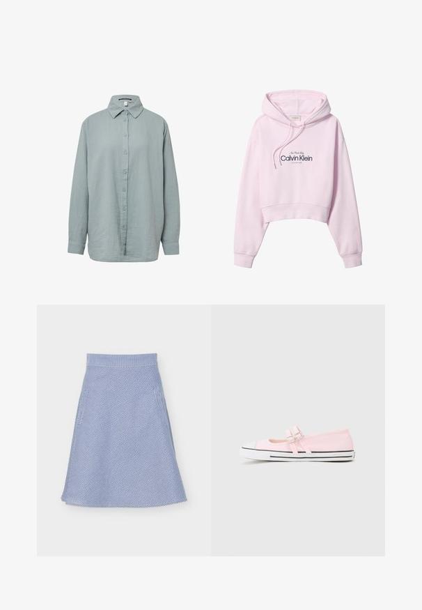 Sweat à capuche court rose clair avec manches longues, capuche à cordon de serrage et logo en texte noir "New York City Calvin Klein" au centre devant.; Chemise à manches longues, bleu clair, à boutons. Fabriquée en tissu doux et texturé avec un col standard, dotée d'une fermeture à boutons sur le devant et de manches à poignet.; Jupe trapèze rayée diagonale bleu et blanc avec ceinture à la taille et poches latérales sur fond blanc.; Botte en toile rose avec un bout en caoutchouc blanc, des rayures noires le long de la semelle et deux sangles à boucle réglables sur le cou-de-pied.