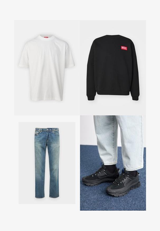 Diesel S-NLABEL-L1 - Sudadera - black; Camiseta blanca de algodón con cuello redondo, mangas cortas y un pequeño logotipo en relieve en el frente. Diseño simple y clásico.; Jeans de mezclilla azul con un corte recto, con un lavado claro, diseño de cinco bolsillos, costuras sutiles y cierre de botón y cremallera.; Zapatillas deportivas negras con tejido texturizado y suelas de goma, con cordones elásticos y un acento azul en el talón. Combinadas con pantalones de mezclilla claros.