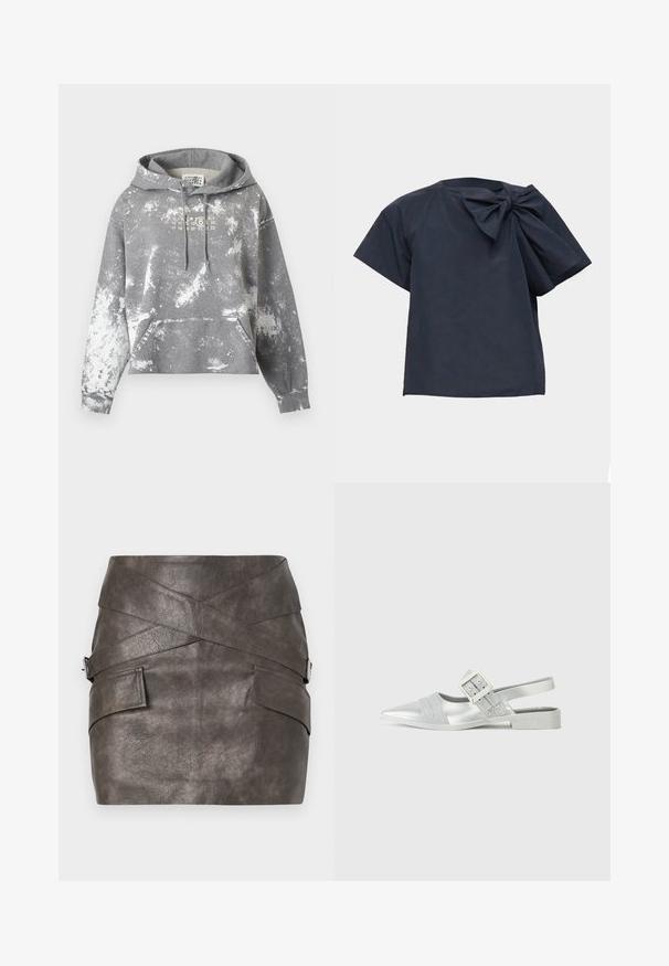 Grijze hoodie met wit bleekspattenpatroon, voorvak in kangoeroestijl, capuchon met trekkoord en kalenderstijl cijfergrafiek op de borst.; Donker marineblauwe blouse met korte mouwen en een grote stoffen strik op de linkerschouder tegen een effen lichte achtergrond.; Donkergrijze faux leren minirok met een asymmetrisch ontwerp, kenmerken kruis-over details en zijzakken met een metalen hardwareaccent.; Melissa LADYLIKE - Ballerina's - silver-coloured/black