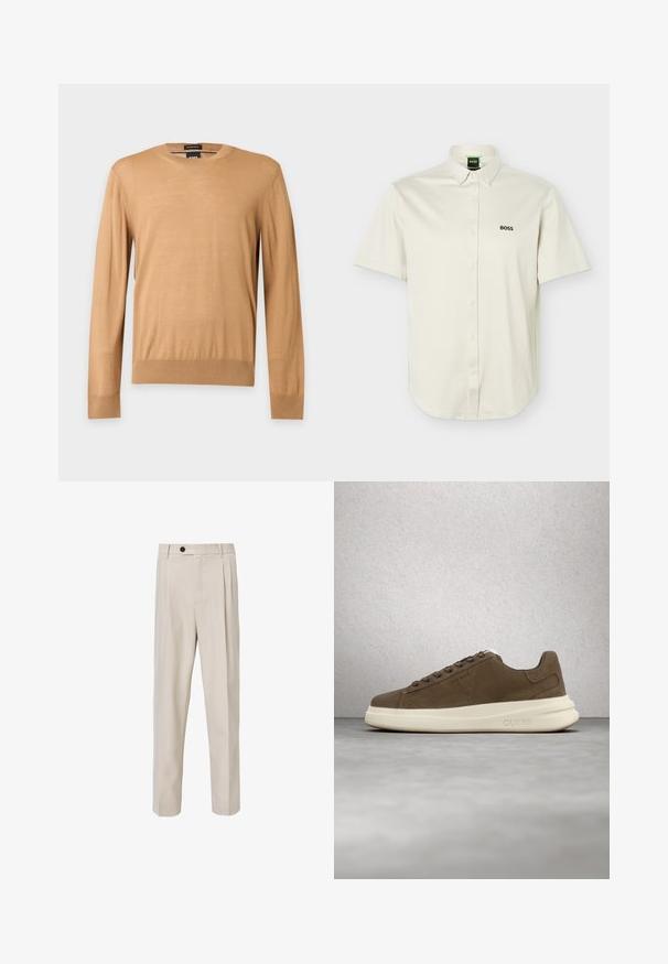 Beige trui met lange mouwen en ronde hals met geribde boorden en zoom, getoond op een effen lichte achtergrond.; Witte korte mouwen blouse met knoopsluiting, knoopsluiting aan de kraag, zwart "BOSS"-logo op de borst en groene binnenkraaglabel.; Beige op maat gemaakte broek met een recht model, voorzien van voorplooien, een knoopsluiting en een gladde stofstructuur.; Bruine suède sneaker met een crèmekleurige rubberen zool, platte veters en een logo aan de zijkant. Lichtgewicht ontwerp en gladde textuur.