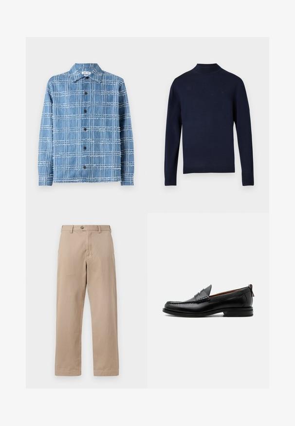 Pull en maille bleu marine avec un col montant, des manches longues et des poignets côtelés. Présente un logo de marque subtil sur la poitrine. Texture lisse.; Chemise en denim bleu avec un motif à carreaux, présentant des bords effilochés, un col et des boutons marron. Disponible en coupe décontractée avec des manches longues.; Pantalons chino beige en coton léger, avec fermeture éclair et bouton, et coupe droite avec poches avant.; Mocassin homme en cuir noir avec couture moc toe, bride penny, col texturé et petit talon empilé sur fond blanc.