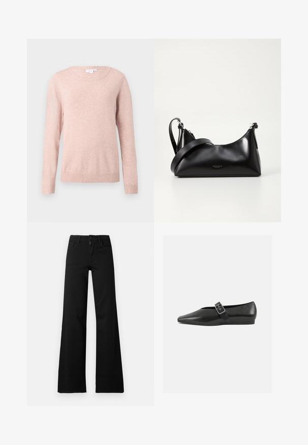 Lys pink sweater med rund halsudskæring, lange ærmer og ribbede manchetter og kant. Lavet af blødt stof med en glat tekstur.; Sorte højtaljede bukser med vide ben med lukning foran med knap og lynlås, bæltestropper og forlommer på hvid baggrund.; Sorte læder flade sko med spidse tæer, prydet med en metallisk spænde over vristen og en lav, fleksibel sål.; Sort læderhåndtaske med en glat tekstur. Har en justerbar stropp og et enkelt, minimalistisk design med lynlås.