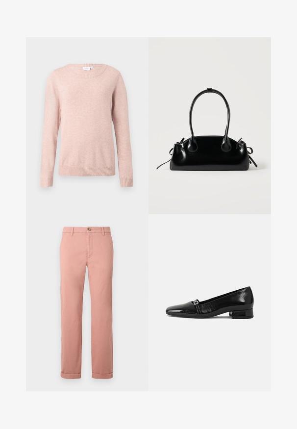 Pull léger rose avec un col rond, des manches longues et des bords-côtes à manches et en bas. Fabriqué en tissu doux avec une texture lisse.; Chinos rose clair en coton avec des jambes droites, dotés d'une fermeture à bouton sur le devant, de passants de ceinture et de poignets retroussés. Texture lisse.; Ballet flats en cuir verni noir avec un bout pointu, un petit talon carré et un détail de boucle métallique sur la sangle. Texture lisse.; Petit sac à main noir brillant avec deux longues anses et des détails à cordon sur les côtés sur un fond clair uni.