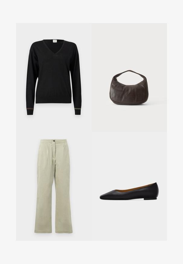 Suéter de punto negro con cuello en V, mangas largas y puños acanalados con un detalle de rayas multicolores en el dobladillo. Textura suave.; Pantalones de pierna ancha color verde claro, confeccionados en tejido suave, con cierre de botón en la parte frontal, pliegues y un dobladillo limpio.; Zapato plano de punta puntiaguda de cuero negro con tacón bajo y acabado liso, mostrado de perfil sobre un fondo gris claro.; Pequeño bolso de mano marrón oscuro con textura, con correa corta y fondo redondeado sobre un fondo claro y liso.