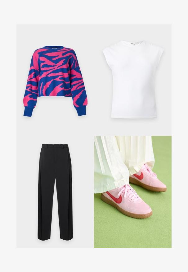 Pink og blå cropped sweater med et markant tigerstribemønster, strikket tekstur, rund halsudskæring og ribstrikkede ærmekanter.; Hvid ærmeløs top med polstrede skuldre og rund halsudskæring, ensfarvet design, vist på en lysegrå baggrund.; Sorte bukser med høj talje, plisseret forstykke og lige ben. Fremstillet af glat stof med bæltestropper og sidelommer.; Lyserøde ruskinds sneakers med et rødt logo og matchende snørebånd. Sålen er i lysebrunt gummi. Båret med hvide plisserede bukser på en grøn overflade.