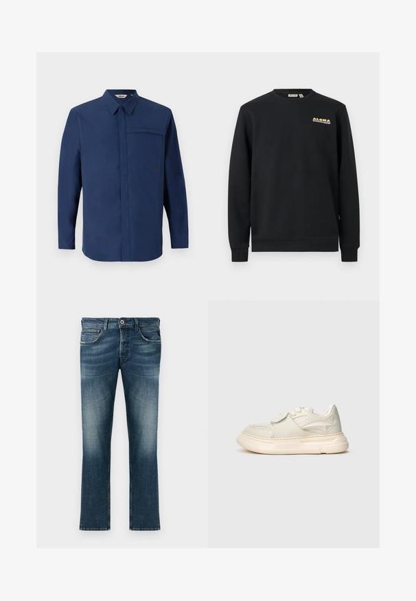 Schwarzer Sweatshirt mit Rundhalsausschnitt und langen Ärmeln, aus Baumwollstoff, mit kleinem gelb-lila "ALOHA"-Schriftzug auf der oberen linken Brust.; Marineblaues Langarmhemd mit Button-Down-Kragen, einer einzelnen Brusttasche und einer sauberen, glatten Textur. Verfügt über ein kleines Logo auf der Tasche.; Dunkelblaue Denim-Jeans mit einer ausgewaschenen Optik. Mit klassischem Fünf-Taschen-Design, geradem Bein und einem roten Akzentknopf.; Beiger Sneaker mit niedrigem Schaft, dicker Sohle, Schnürsenkeln und einem Klettverschluss über den Schnürsenkeln, von der Außenseite gezeigt.