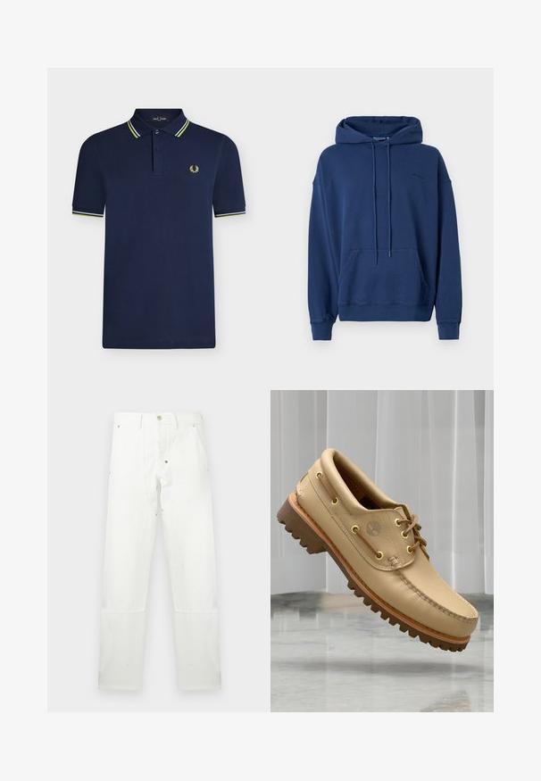 Hoodie bleu marine en tissu doux, avec une poche kangourou, un capuchon réglable à cordon et des poignets et un ourlet côtelés.; Polo bleu marine à manches courtes avec patte à deux boutons, col et poignets rayés, et petit logo laurier jaune sur la poitrine.; Pantalon blanc droit avec bouton et fermeture éclair, passants pour ceinture, poches avant et renforts aux genoux.; Chaussure bateau en cuir marron clair avec semelle épaisse et striée et détails de lacets, flottant au-dessus d'un sol en marbre et d'un fond de stores verticaux blancs.