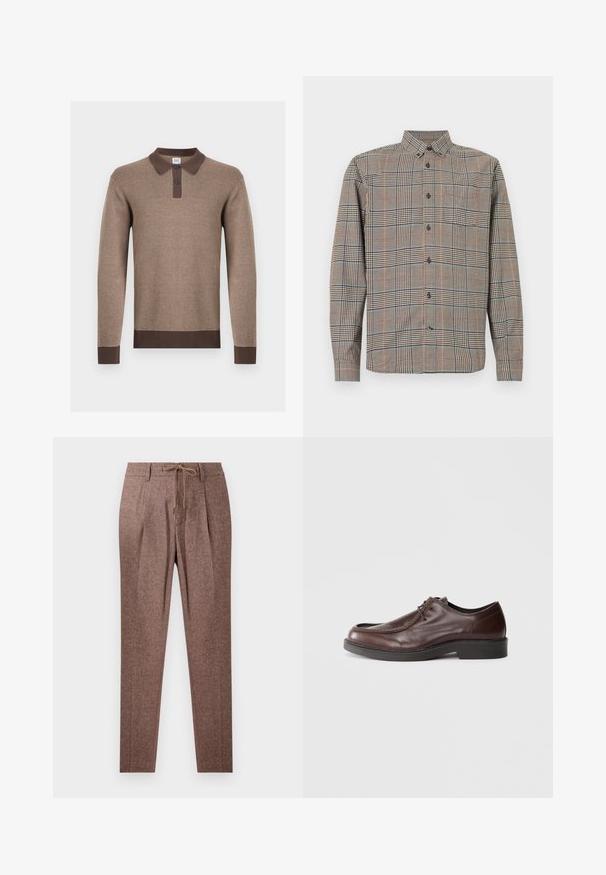 Brun strikket polo med lange ærmer og mørkebrun krave, to-knaps lukning, manchetter og kant, vist på hvid baggrund.; Langærmet skjorte med knapper og klassisk krave, i beige og sort ternet mønster med diskrete røde og blå linjer.; Brune, strukturerede bukser med et hørmønster, der har en snøre i taljen og to frontfolder. Lige ben-design.; Brune lædersko med rund tå, minimal syning og en solid sort sål. Har snørelukning og en glat overflade.
