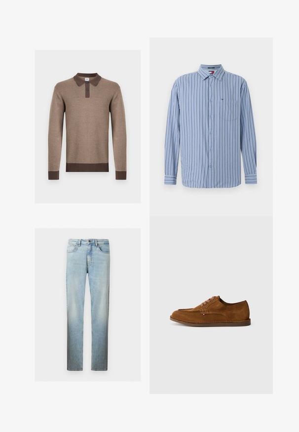 Polo en maille à manches longues marron avec col marron foncé, patte de boutonnage à deux boutons, poignets et ourlet, présenté sur fond blanc.; Chemise à manches longues bleu clair avec des rayures blanches et bleu foncé verticales, col à boutonnière, poche poitrine et boutons sur le devant.; Jean en denim bleu clair à jambes droites avec un design classique à cinq poches et une fermeture à bouton sur le devant.; Chaussure en daim marron avec un bout arrondi, des coutures décoratives et six œillets de lacets contrastants. Semelle plate et design minimaliste.