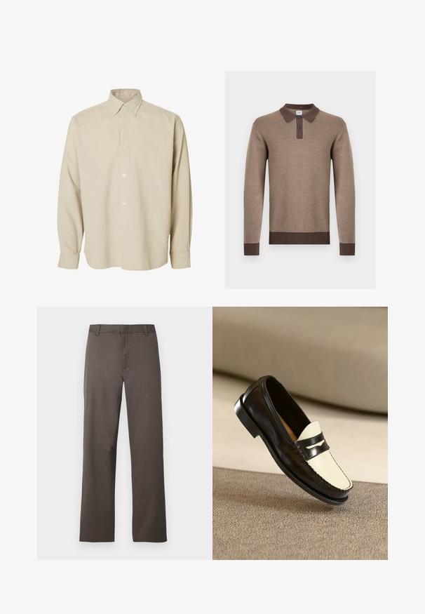 Brun strikket polo med lange ærmer og mørkebrun krave, to-knaps lukning, manchetter og kant, vist på hvid baggrund.; Beige langærmet skjorte med knapper, spids krave og knappede manchetter, vist mod en ensfarvet hvid baggrund.; Brune bomuldsbukser med et design i lige ben, der har bæltestropper og en glat tekstur. Ingen synlige mønstre eller hardware-detaljer.; Sort læderloafer med en cremefarvet vamp og sorte accentstriber, som har en lav hæl og detaljeret syning langs kanterne.