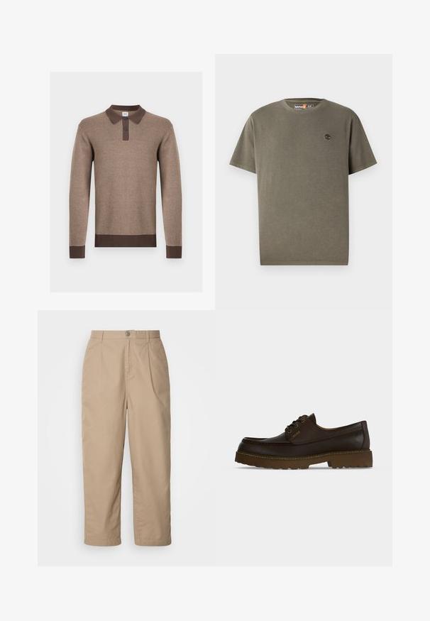 Braunes langärmeliges Strick-Poloshirt mit dunkelbraunem Kragen, zweiknöpfiger Blende, Manschetten und Saum, dargestellt vor weißem Hintergrund.; Olivgrünes Baumwoll-T-Shirt mit Rundhalsausschnitt, kurzen Ärmeln und kleinem, gesticktem Baum-Logo auf der linken Brust. Glatte Textur.; Beige, leichte Baumwollhosen mit gefaltetem Vorderteil, Knopfverschluss und geradem Bein, die eine glatte Textur und keine sichtbaren Muster aufweisen.; Dunkelbrauner Lederschnürschuh mit dicker Gummisohle und abgesteppten Details, von der Seite auf weißem Hintergrund gezeigt.