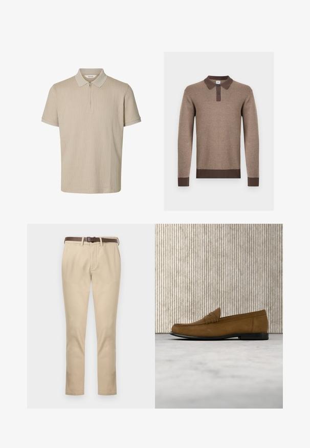 Polo en maille à manches longues marron avec col marron foncé, patte de boutonnage à deux boutons, poignets et ourlet, présenté sur fond blanc.; Polo beige à manches courtes avec une texture côtelée verticale et une courte fermeture éclair devant sous le col.; Pantalon beige droit avec poches latérales, passants pour ceinture, braguette zippée et ceinture en cuir marron foncé sur fond blanc uni.; Mocassin en daim marron avec semelle noire flottant au-dessus d'un tapis beige clair, à côté d'un pied de table rond marron et brillant.