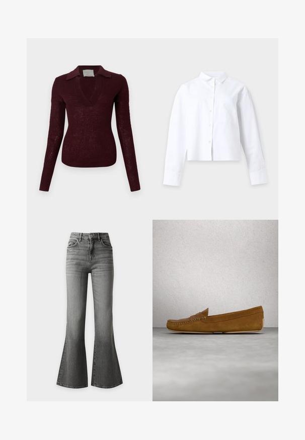 Pull en maille bordeaux foncé à manches longues, col en V large et col plat, silhouette ajustée sur fond blanc.; Chemise blanche à manches longues avec col et poche devant, posée à plat sur un fond clair uni.; Jeans en denim gris taille haute avec une coupe évasée et un léger effet délavé sur l’avant des cuisses et des genoux.; Mocassins en cuir suédé marron avec un couturessé, semelle plate et bout rond. Design simple avec une petite bande décorative sur le devant.